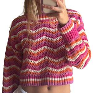 Striped Crochet Cropped Crewneck Sweater Pullover Women's XS Pink 70s Festival